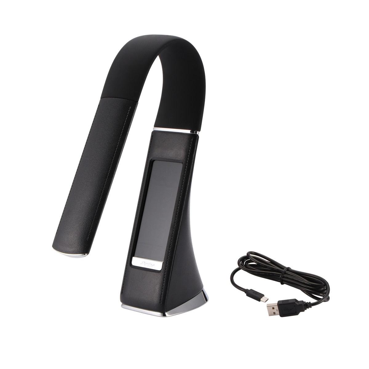 Stevvex black LED desk lamp with curved arm, built-in digital display, USB cable included on Tampa Home & Garden Store