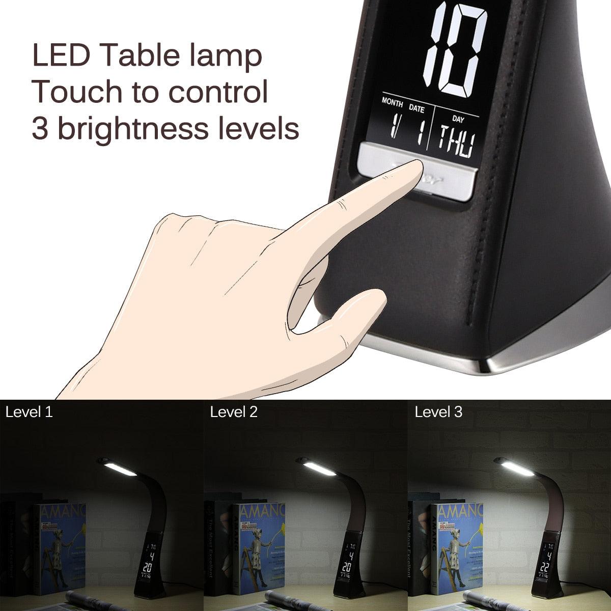 Stevvex LED desk lamp with calendar, temp, alarm clock, 3-level dimmable brightness, black on Tampa Home & Garden Store