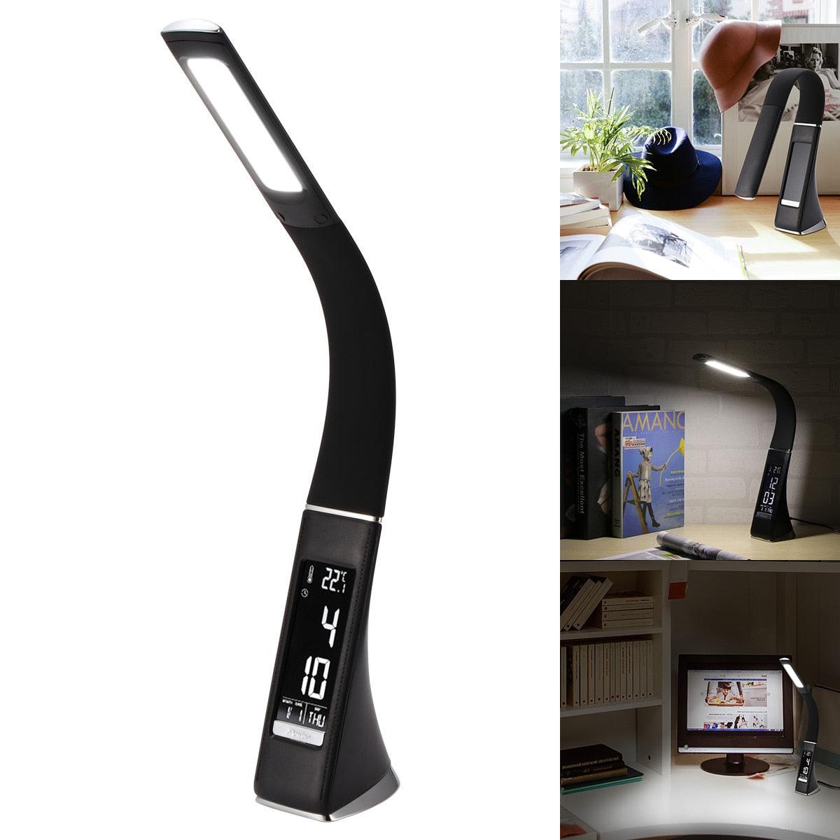 Stevvex LED desk lamp dimmable with calendar and alarm clock, black curved design on Tampa Home & Garden Store