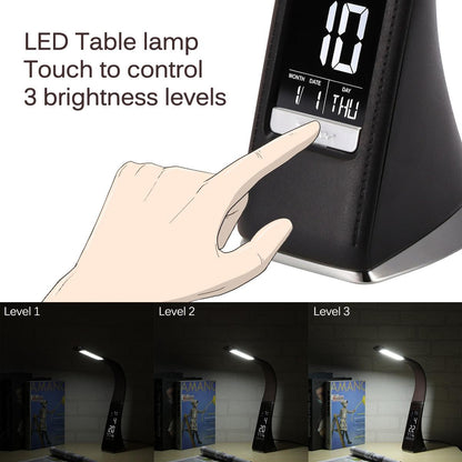 Stevvex LED desk lamp with calendar clock, touch control, 3 brightness levels, black finish on Tampa Home & Garden Store