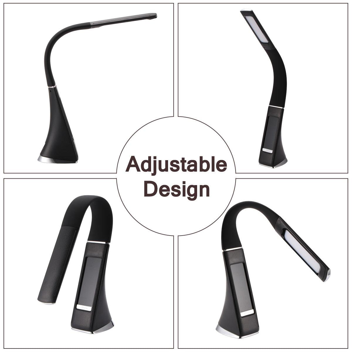 Desk lamp Stevvex black LED with curved adjustable neck and slim panel various views on Tampa Home & Garden Store
