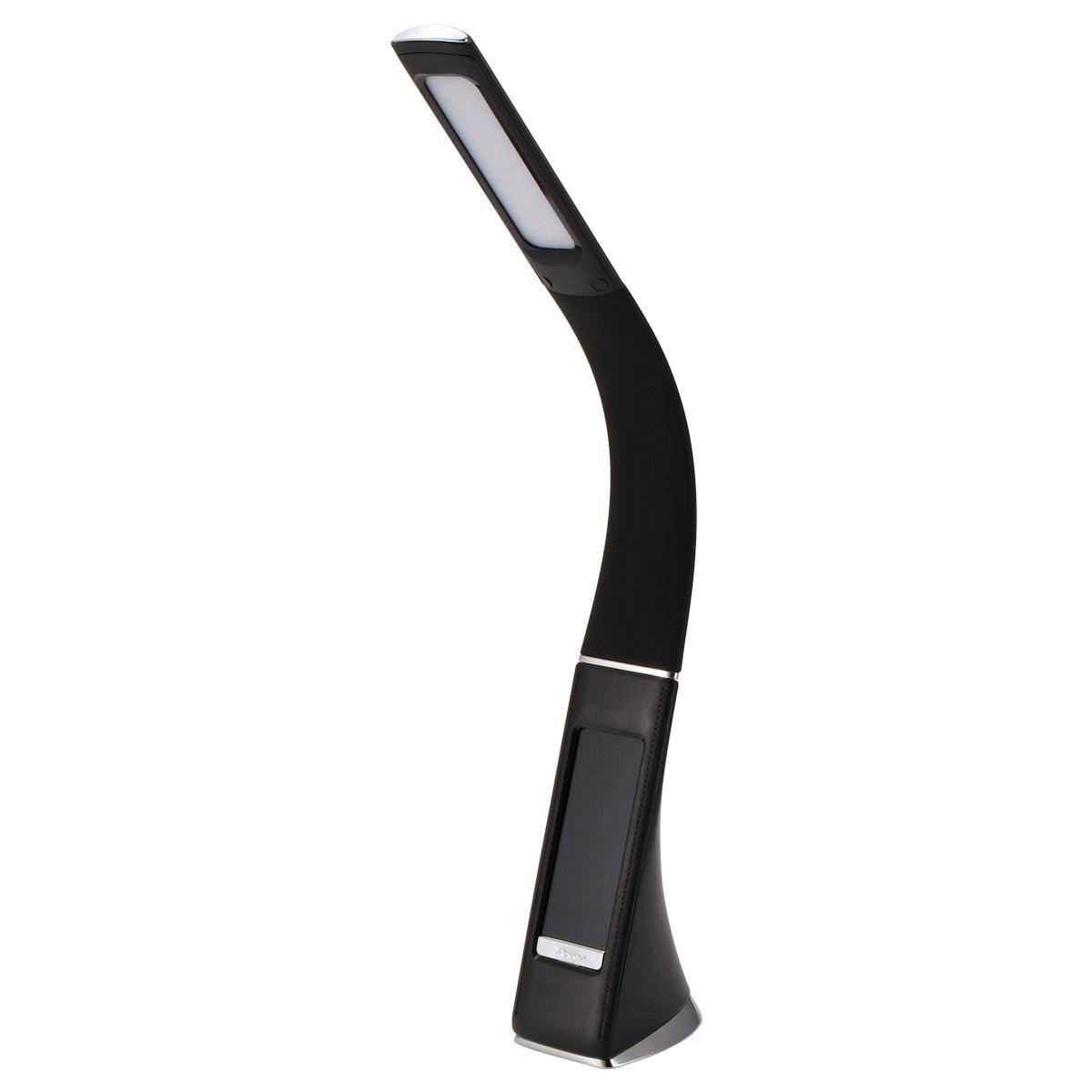 Eco-friendly LED desk lamp by Stevvex, curved black design with calendar clock display on Tampa Home & Garden Store