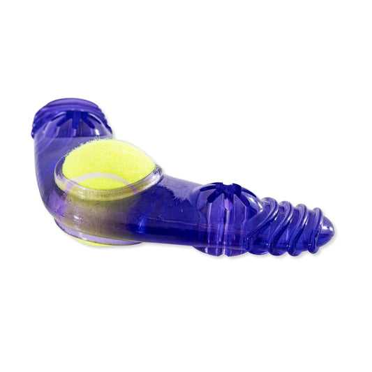 Juguete masticable Boomerang de TPR para perros con pelota de tenis chirriante extraíble y relleno de golosinas 