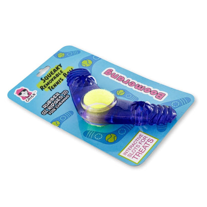 Juguete masticable Boomerang de TPR para perros con pelota de tenis chirriante extraíble y relleno de golosinas 