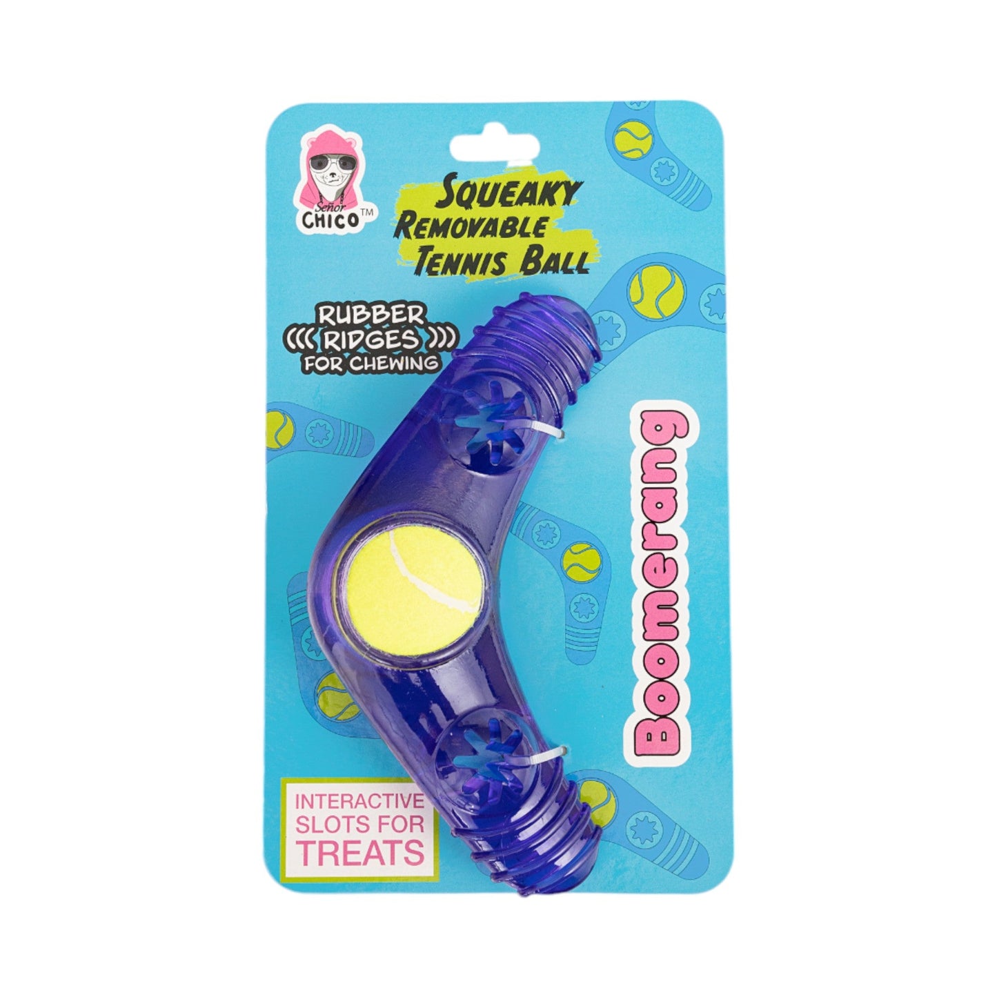 Juguete masticable Boomerang de TPR para perros con pelota de tenis chirriante extraíble y relleno de golosinas 