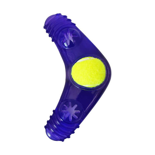Juguete masticable Boomerang de TPR para perros con pelota de tenis chirriante extraíble y relleno de golosinas 