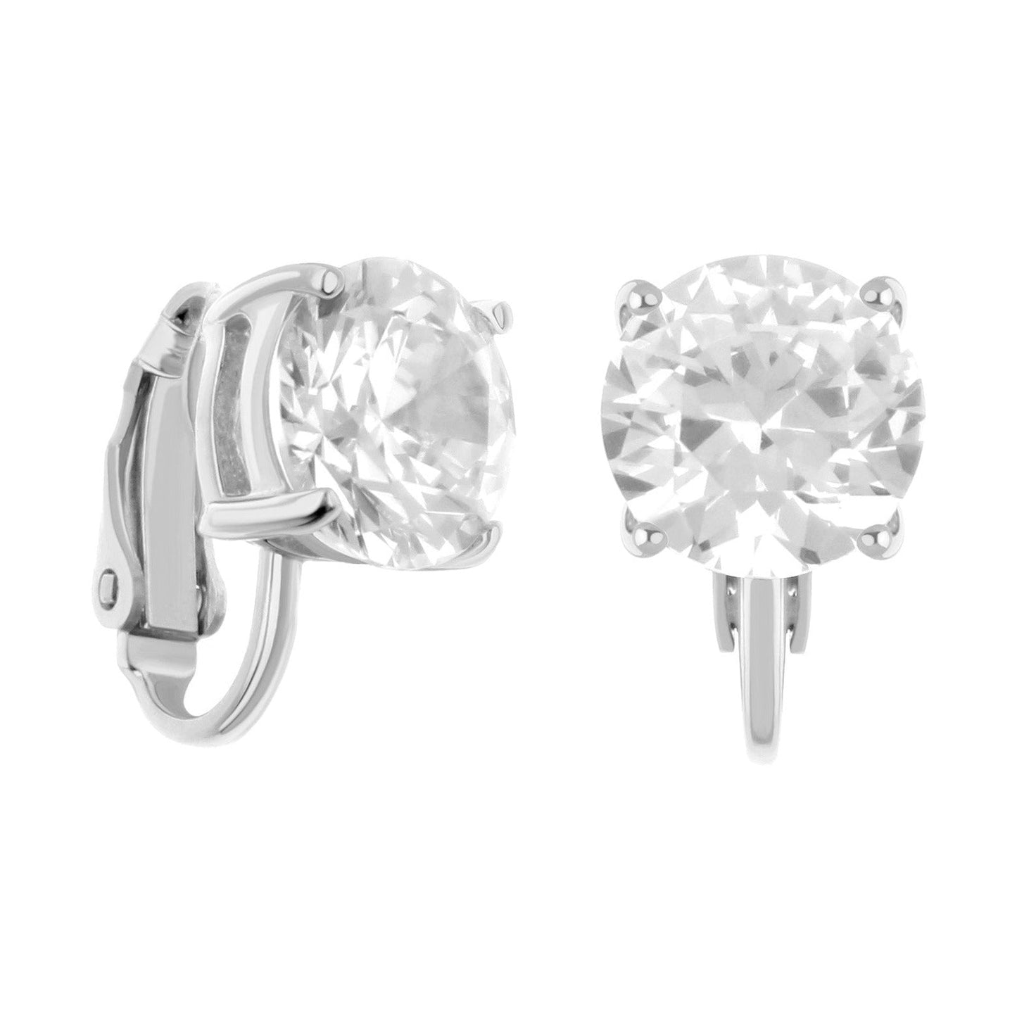 Pair of 925 sterling silver clip-on earrings with large round clear gemstone in prong setting on Tampa Home & Garden Store