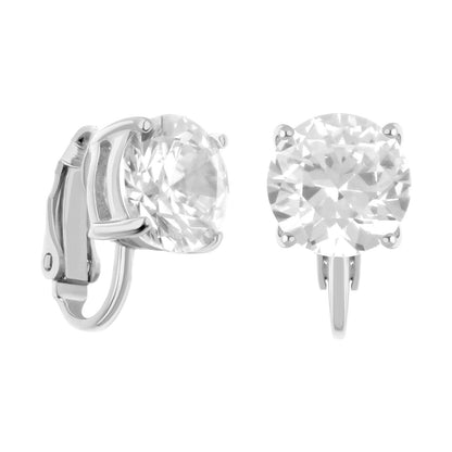 Pair of 925 sterling silver clip-on earrings with large round clear gemstone in prong setting on Tampa Home & Garden Store