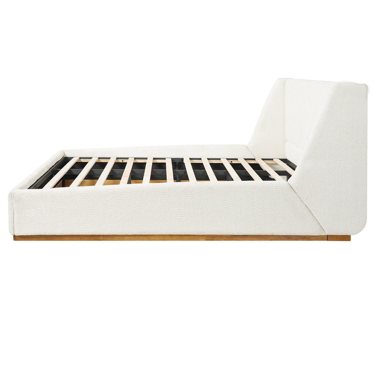 Luxury Upholstered Bed With Wings by HouseOfZazla, cream fabric, winged headboard, wooden slats on Tampa Home & Garden Store