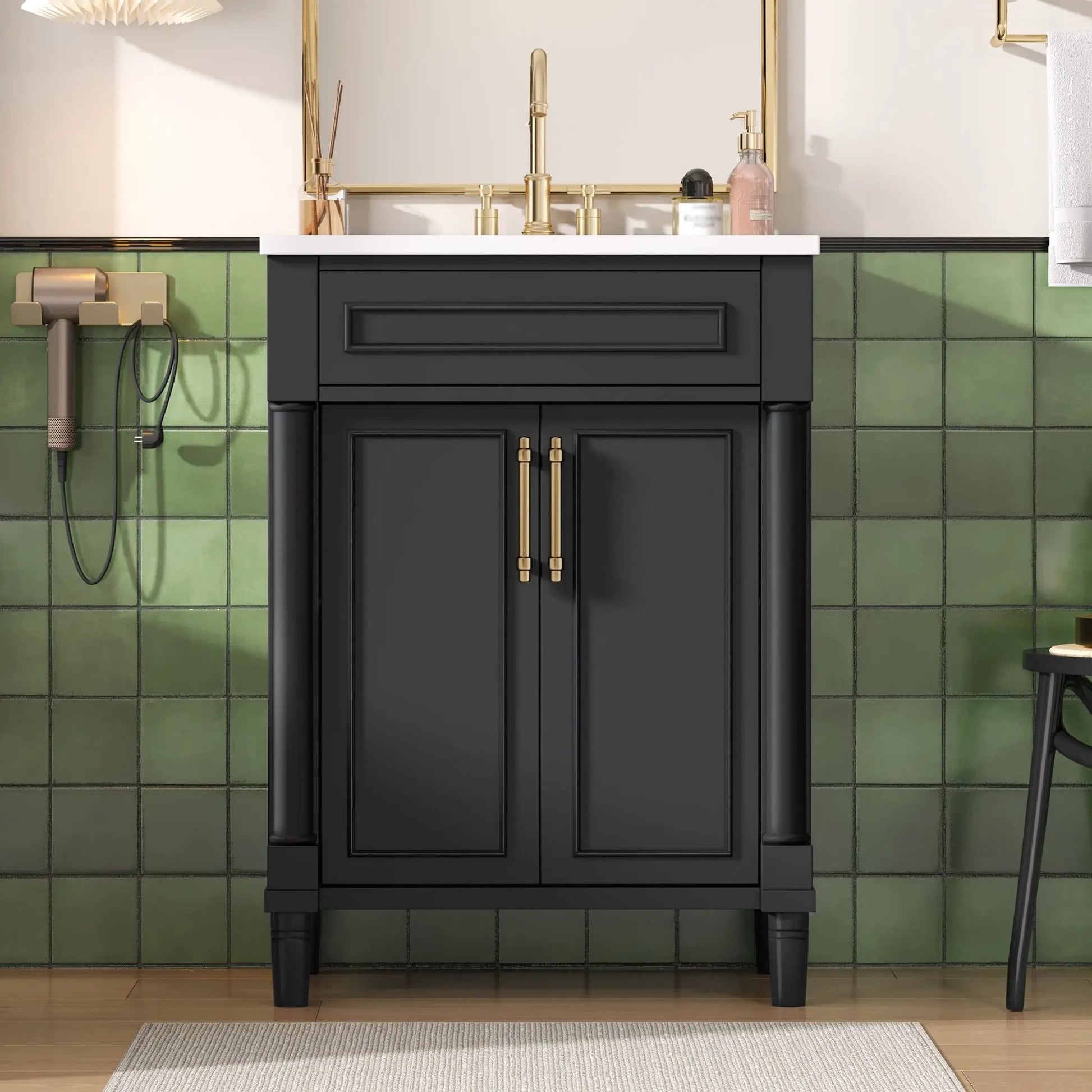 Bathroom vanity with integrated white sink, dark gray 2-door cabinet and gold hardware on Tampa Home & Garden Store