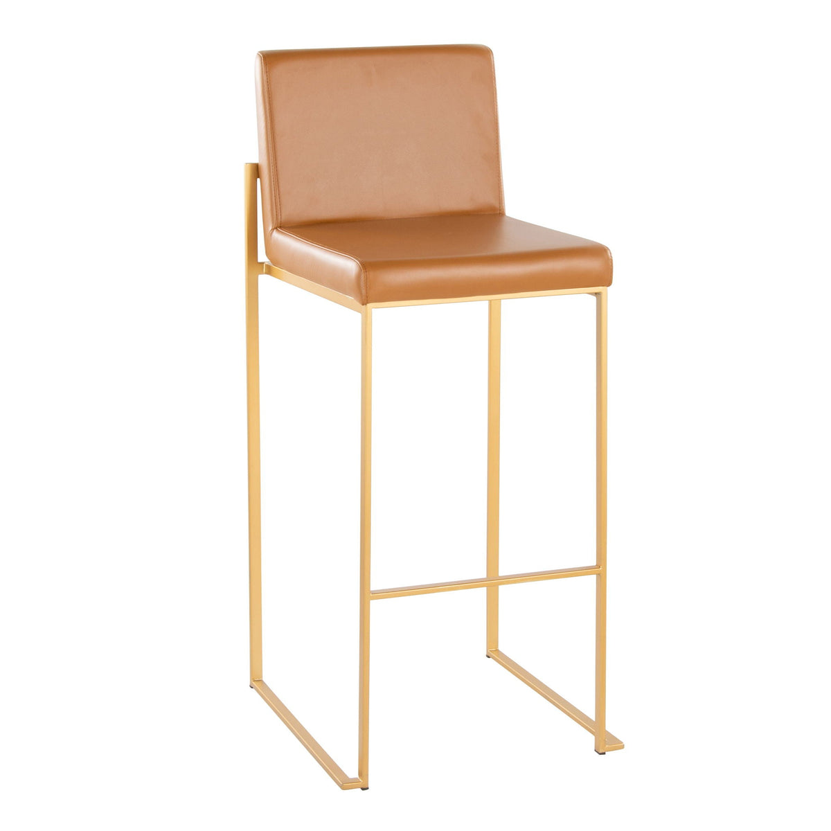 Contemporary high-back barstool with tan faux leather upholstery and gold metal frame on Tampa Home & Garden Store