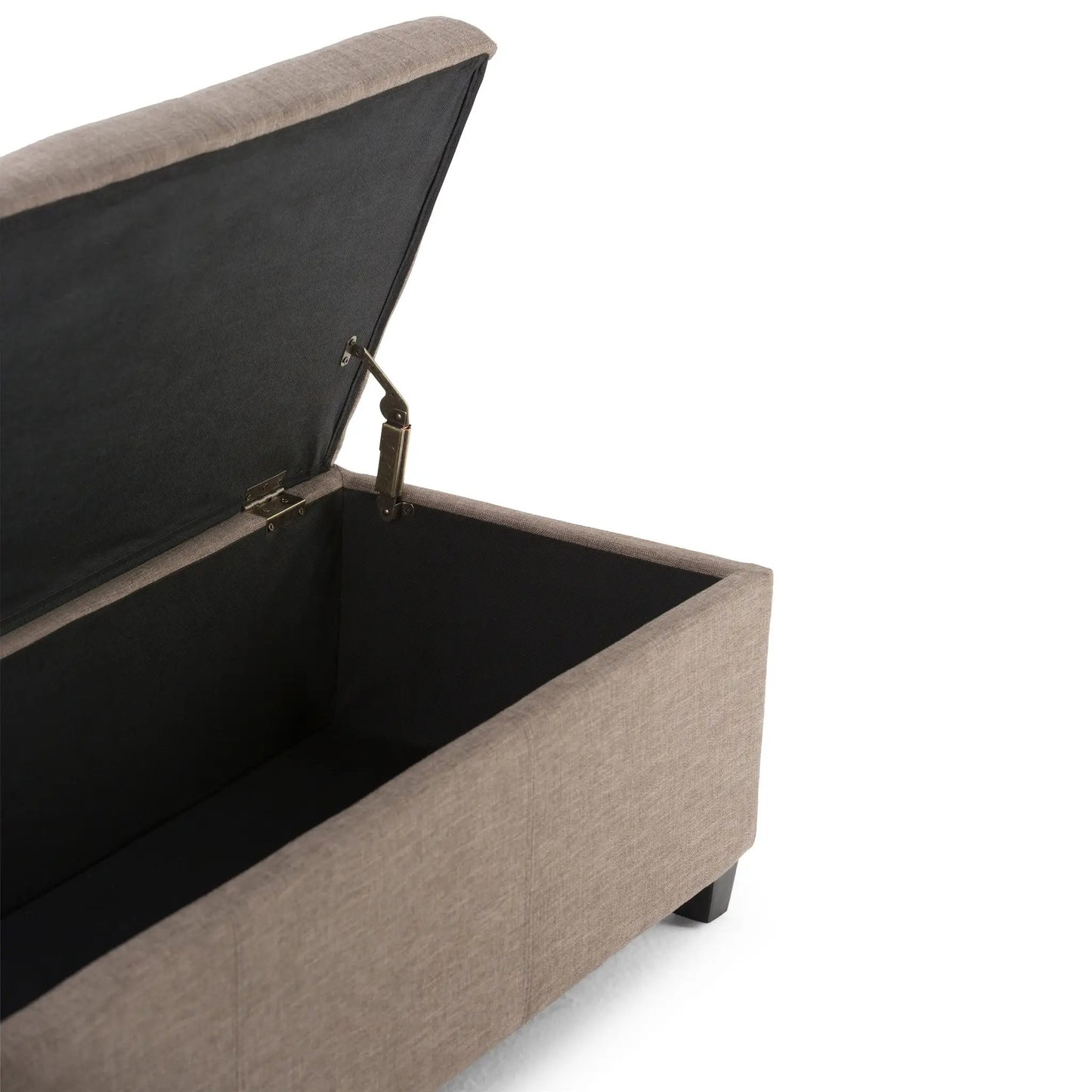 Avalon storage ottoman bench beige fabric with black interior and metal hinges on Tampa Home & Garden Store