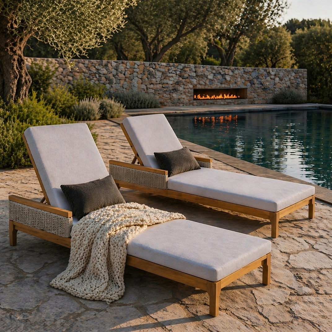 Solid acacia wood sun lounger set with grey cushions, includes 2 loungers and ottoman poolside on Tampa Home & Garden Store