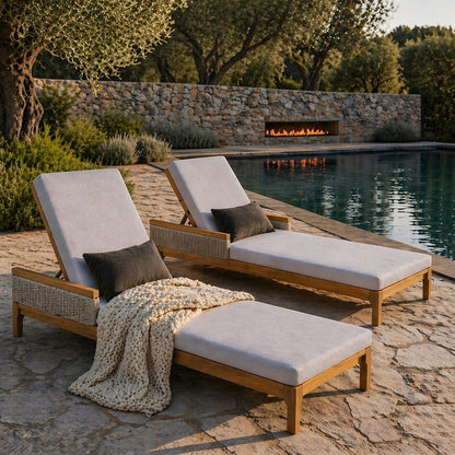 Solid acacia wood sun lounger set with grey cushions, includes 2 loungers and ottoman poolside on Tampa Home & Garden Store