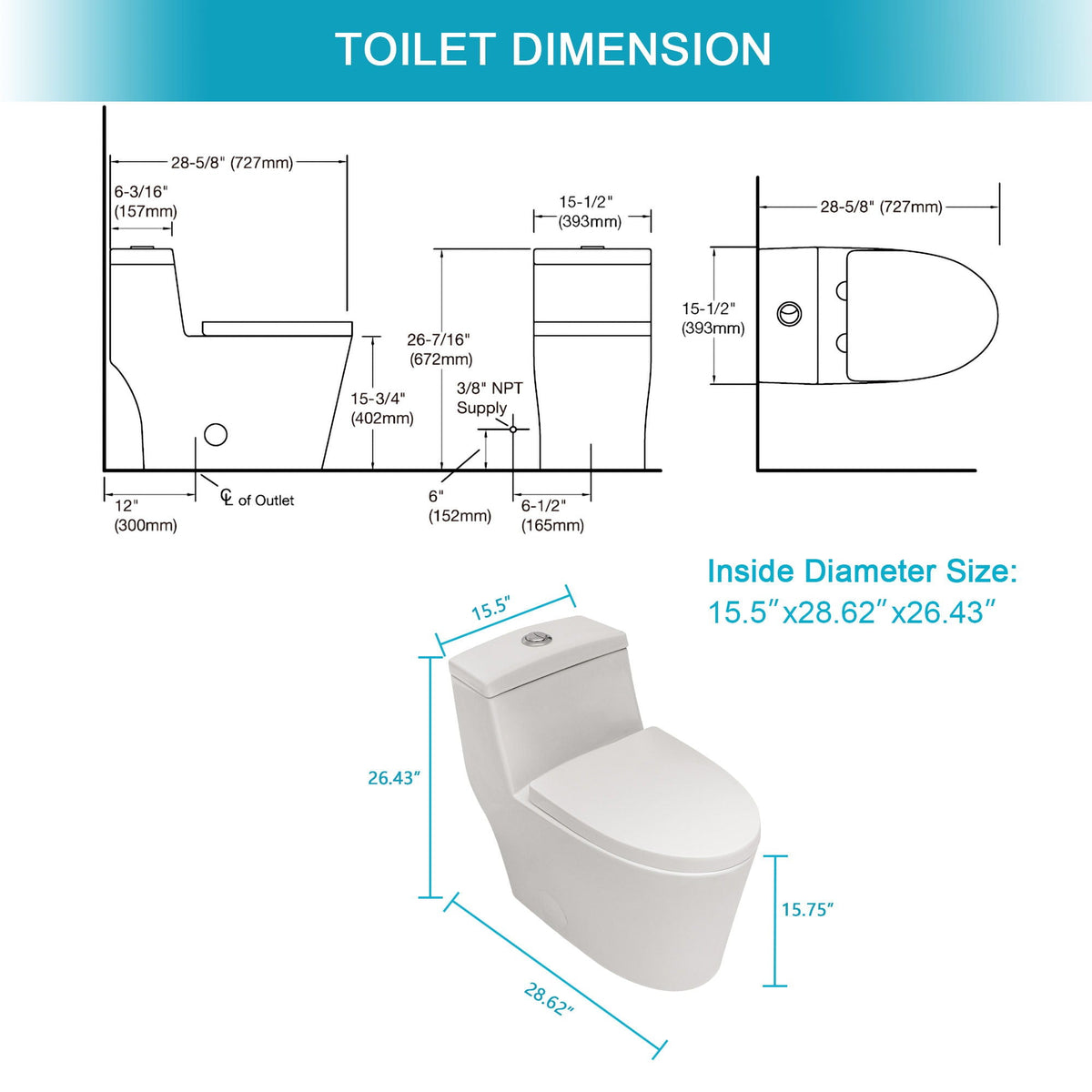 Dual Flush 1 Piece Toilet with Soft Closing Seat by HouseOfZazla in white, blueprint diagram on Tampa Home & Garden Store