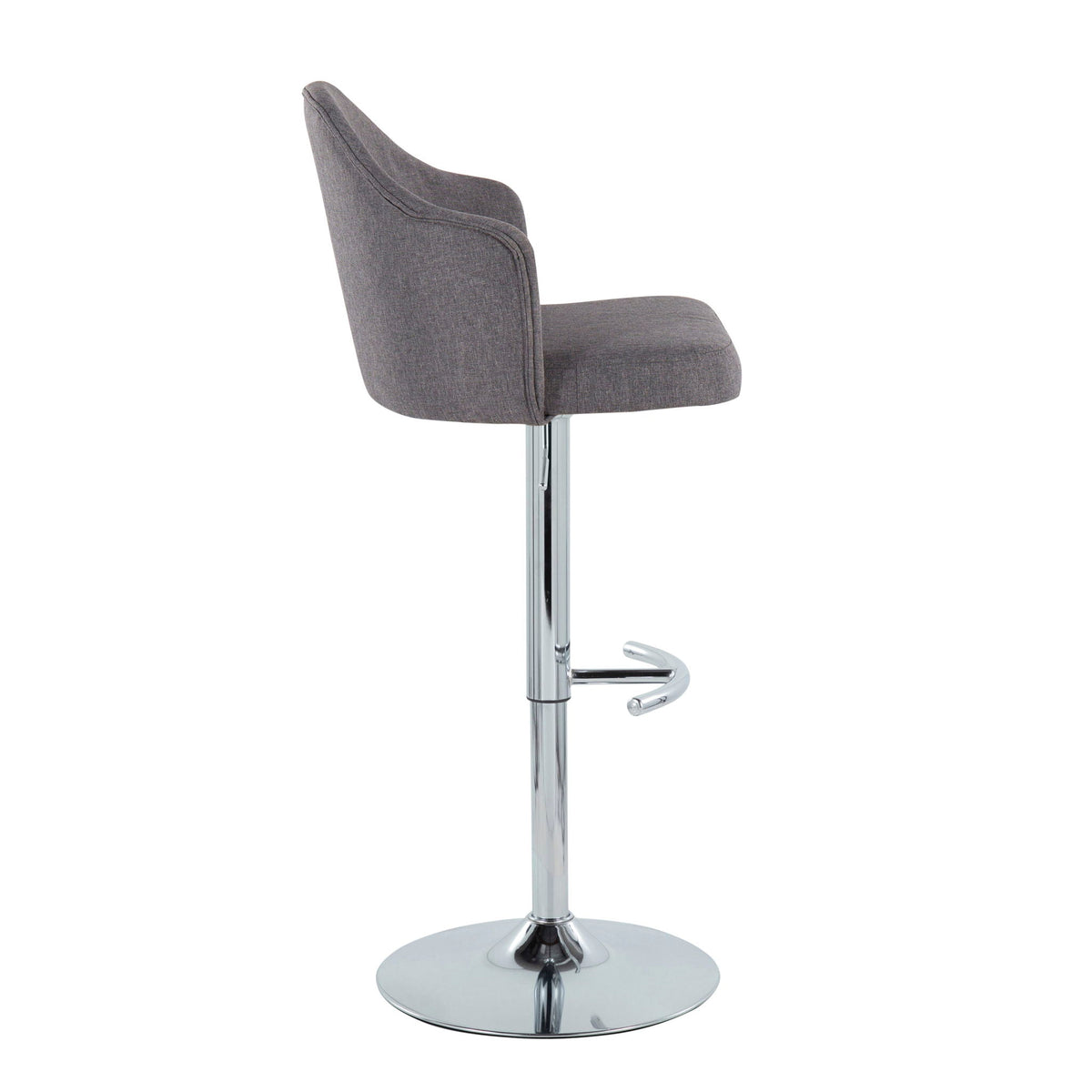 Contemporary adjustable barstool set in grey fabric with swivel, rounded T-footrest, chrome base on Tampa Home & Garden Store