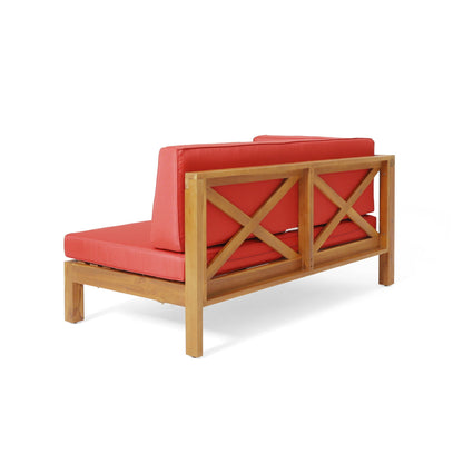 Brava X Back Corner Bench with Coffee Table, red cushions and wood frame, 2-piece outdoor set on Tampa Home & Garden Store