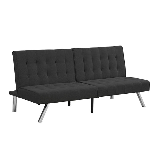 Modern futon sofa bed in charcoal fabric with tufted back and stainless steel legs on Tampa Home & Garden Store