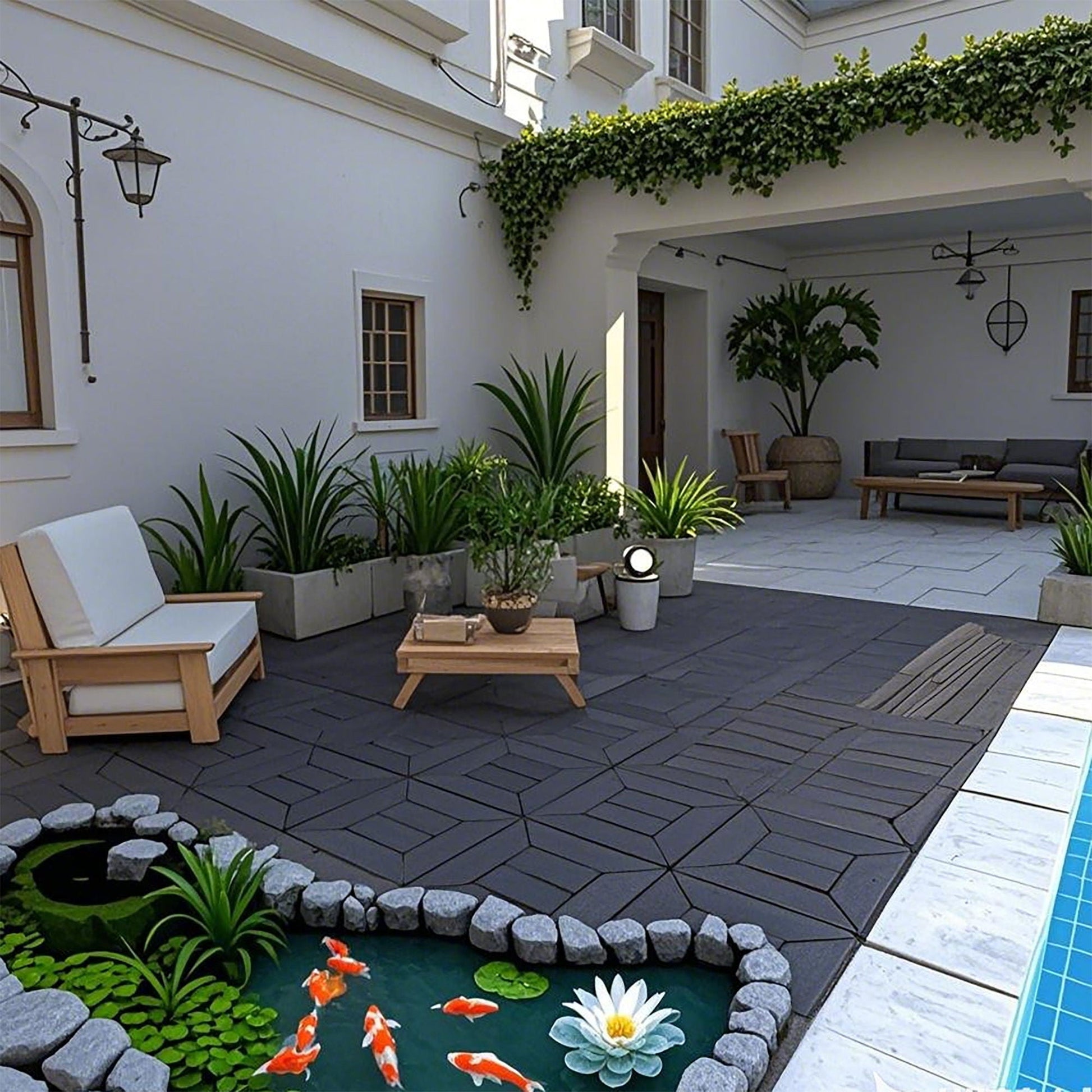 Deck Tiles interlocking outdoor indoor modular tiles dark gray with lounge seating Tampa Store on Tampa Home & Garden Store