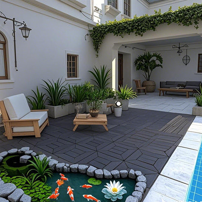 Deck Tiles interlocking outdoor indoor modular tiles dark gray with lounge seating Tampa Store on Tampa Home & Garden Store