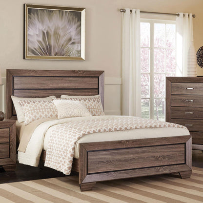 Oatfield Panel Bed by HouseOfZazla, dark walnut wood with two matching dressers, beige bedding on Tampa Home & Garden Store