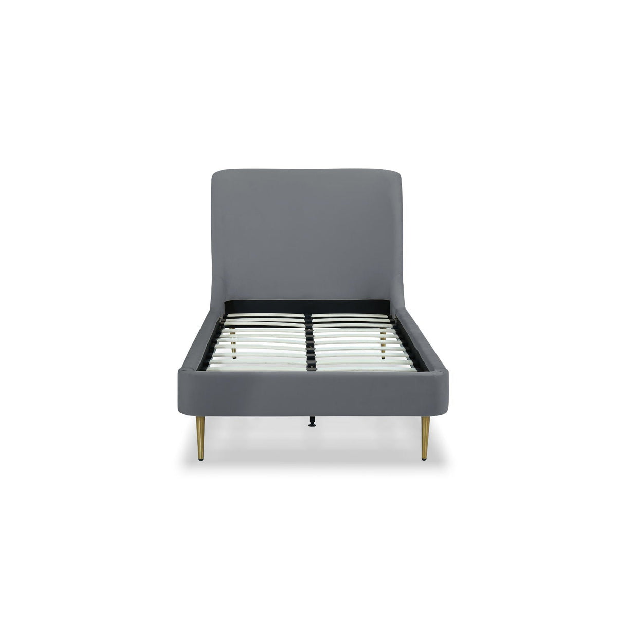 Heather Upholstered Bed Curved Headboard in gray fabric with gold legs by HouseOfZazla on Tampa Home & Garden Store