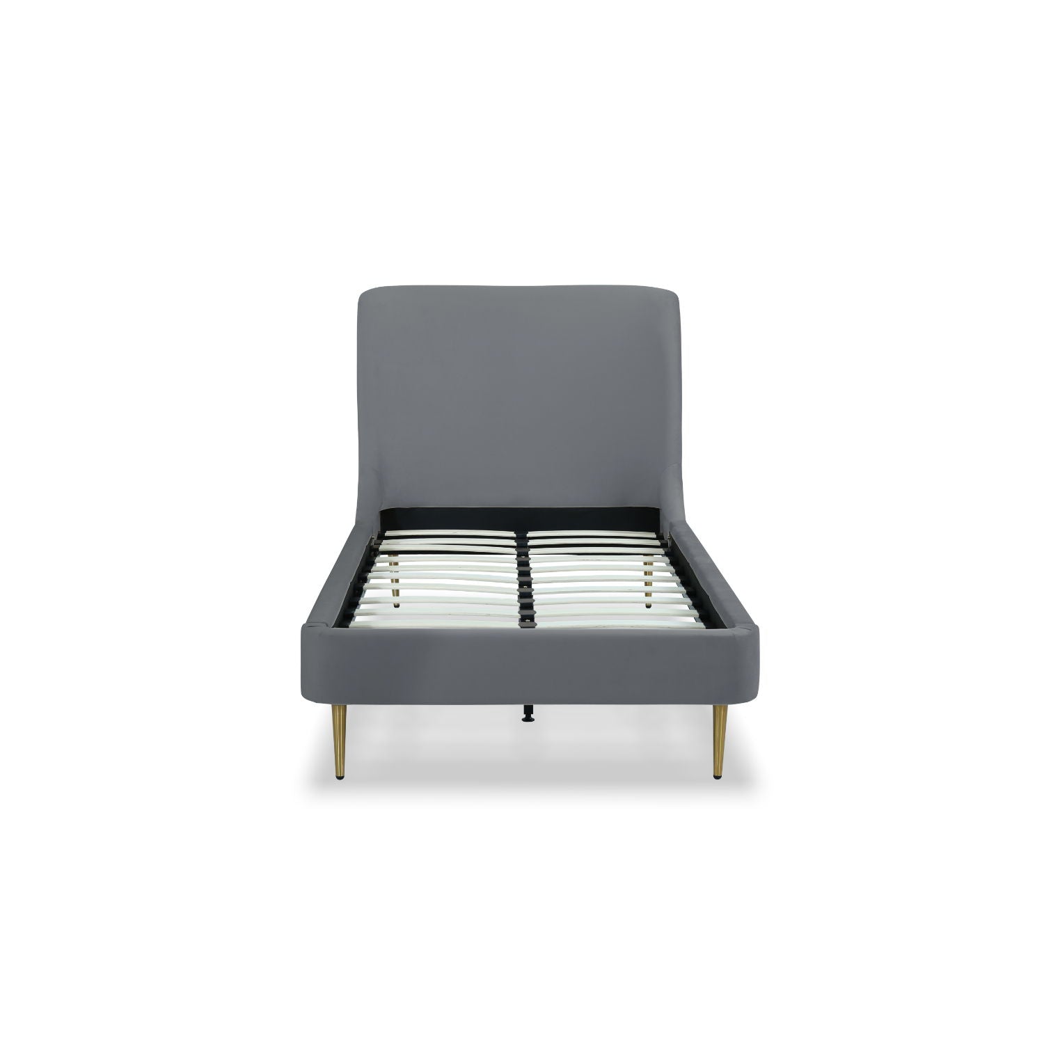 Heather Upholstered Bed Curved Headboard in gray fabric with gold legs by HouseOfZazla on Tampa Home & Garden Store