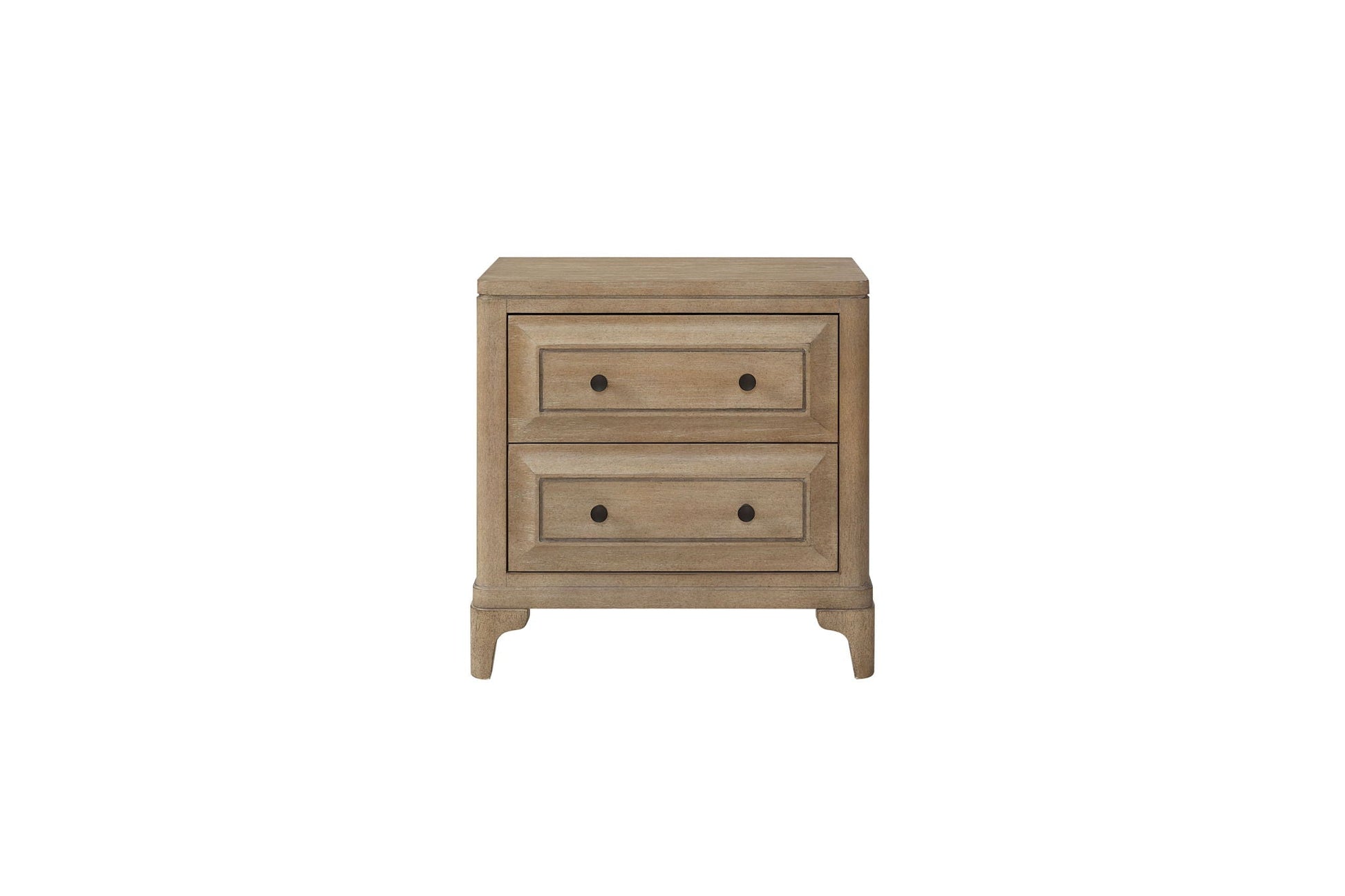 Two-drawer sand wood nightstand with black knobs from HouseOfZazla on Tampa Home & Garden Store