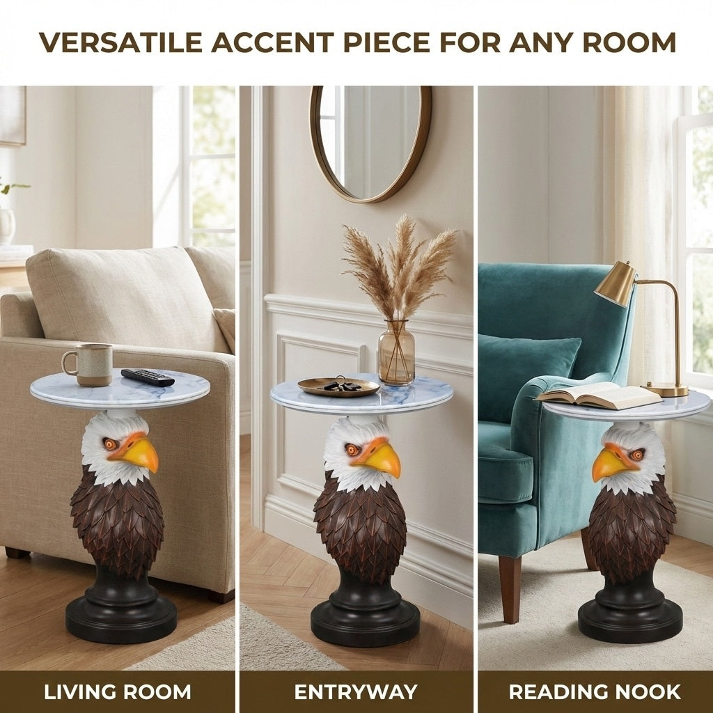 HouseOfZazla Eagle Head End Table with round marble top and black pedestal base on Tampa Home & Garden Store