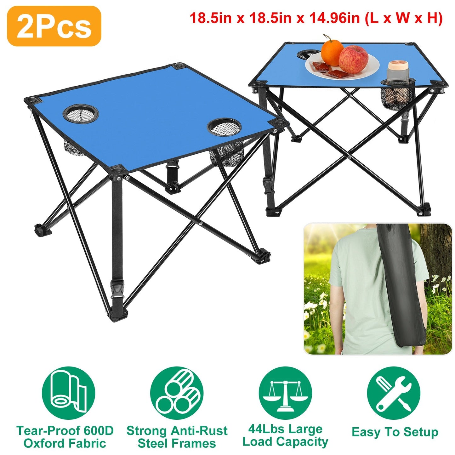 2Pcs GemGear Foldable Camping Tables blue tops, steel frames with 2 cup holders and bag on Tampa Home & Garden Store