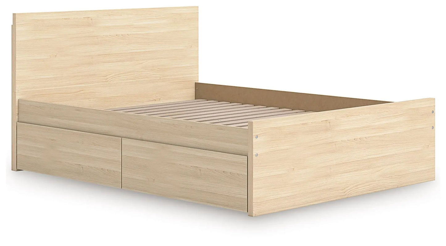 Onita Panel Platform Bed with 2 storage drawers in light oak finish on Tampa Home & Garden Store