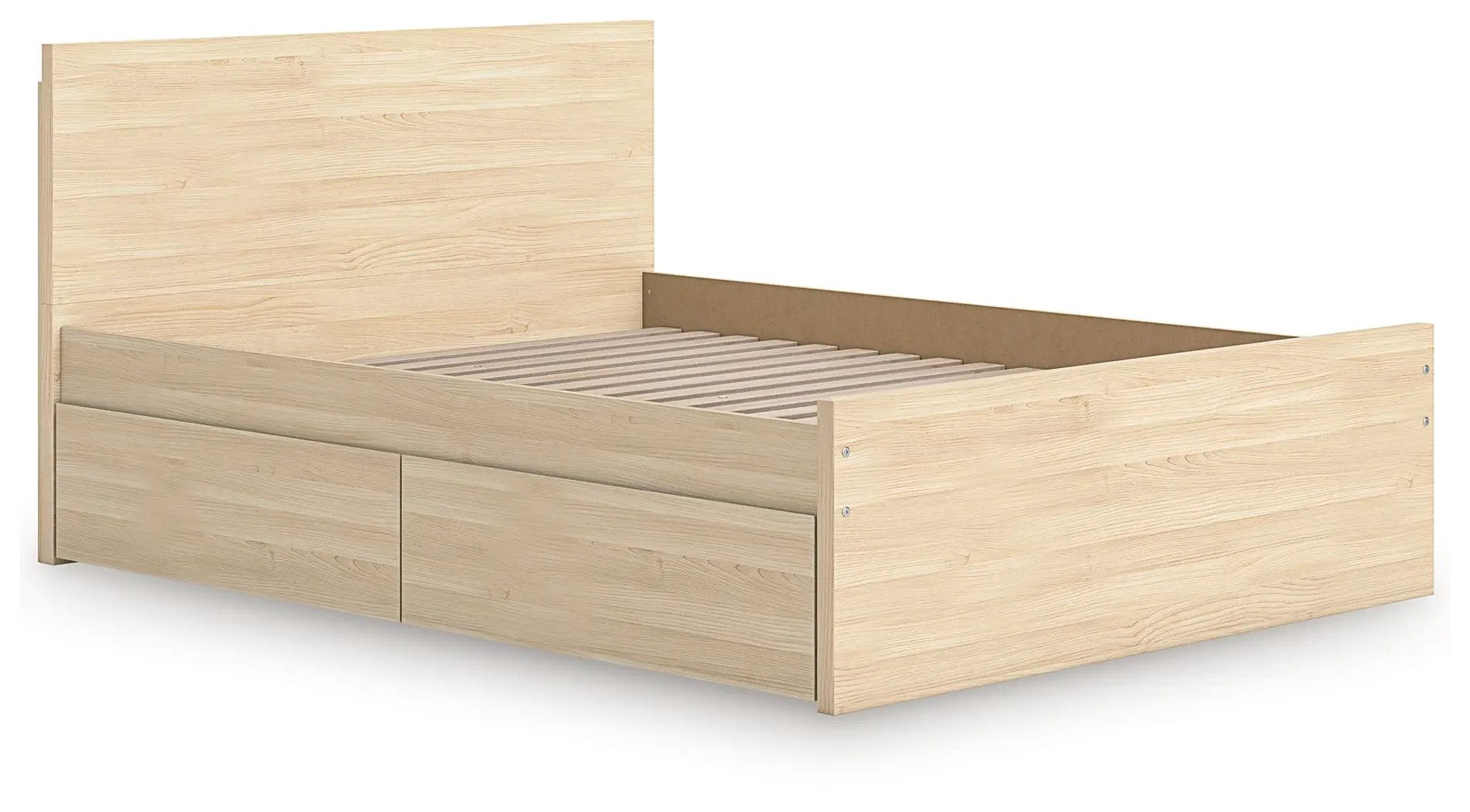 Onita Panel Platform Bed with 2 storage drawers in light oak finish on Tampa Home & Garden Store