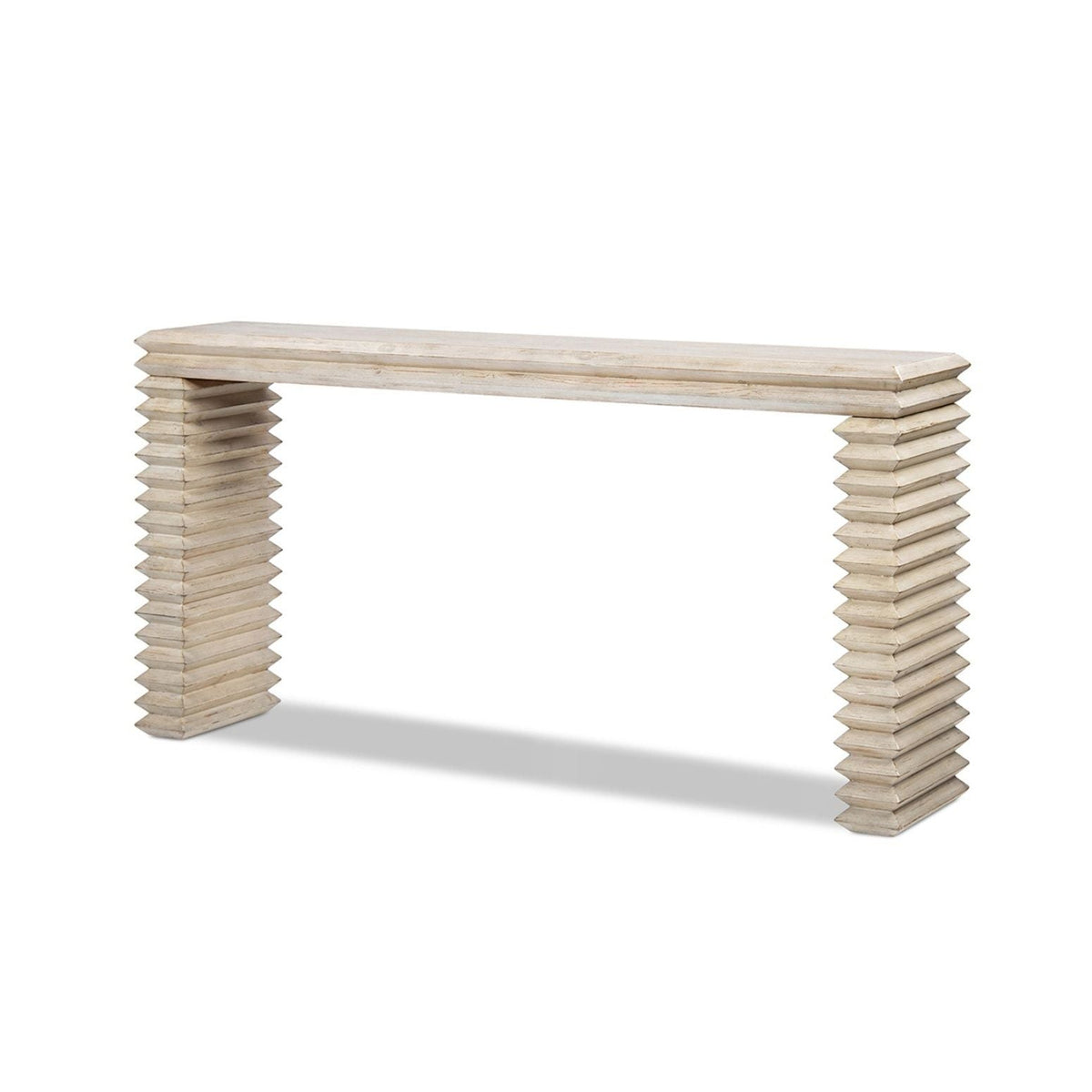 Geometric Waterfall Console Table in solid light wood with stacked block legs on Tampa Home & Garden Store