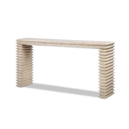 Geometric Waterfall Console Table in solid light wood with stacked block legs on Tampa Home & Garden Store