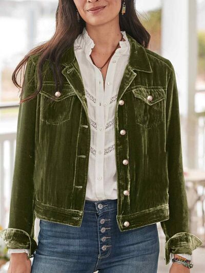 Casual Button-Up Velvet Trucker Jacket with Chest Pockets in olive green, Stevvex ST55CA483TNR on Tampa Home & Garden Store