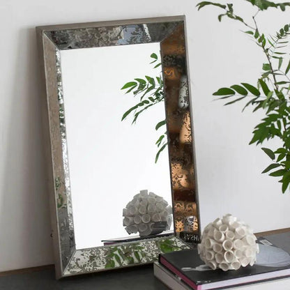 Antique rectangle wall mirror with floral accents, silver frame copper edge, mirrored tray on Tampa Home & Garden Store