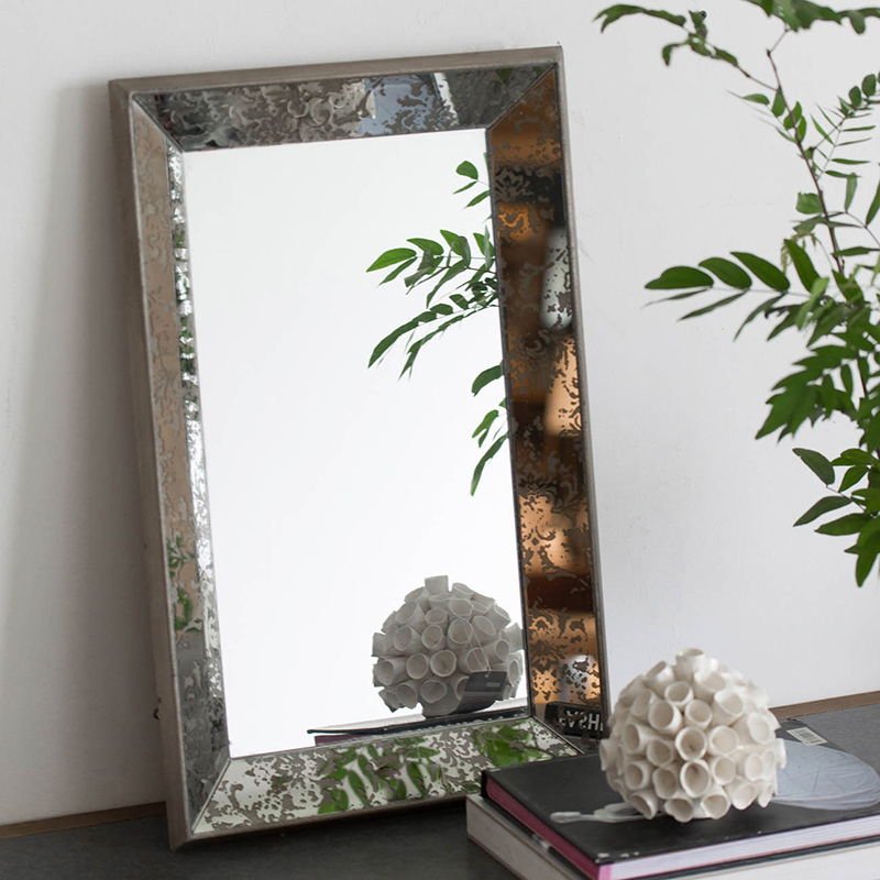 Antique rectangle wall mirror with floral accents, silver frame and copper border HouseOfZazla on Tampa Home & Garden Store