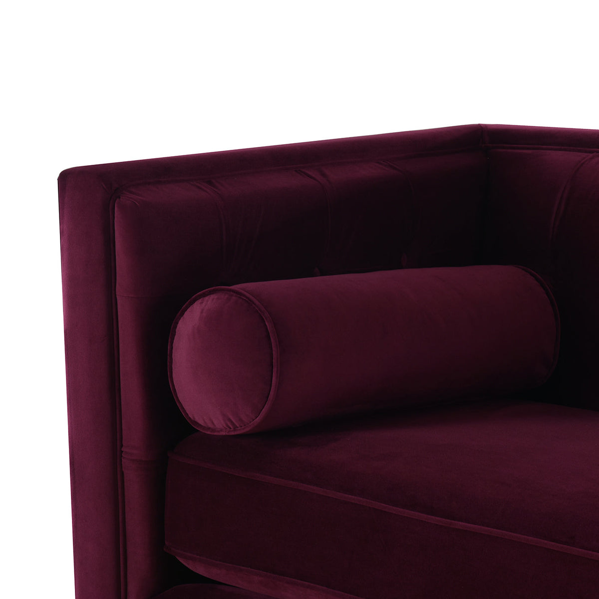 Jack 84-inch Modern Tuxedo Tufted Sofa in burgundy velvet with cylindrical bolster pillow on Tampa Home & Garden Store
