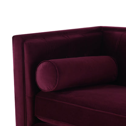 Jack 84-inch Modern Tuxedo Tufted Sofa in burgundy velvet with cylindrical bolster pillow on Tampa Home & Garden Store