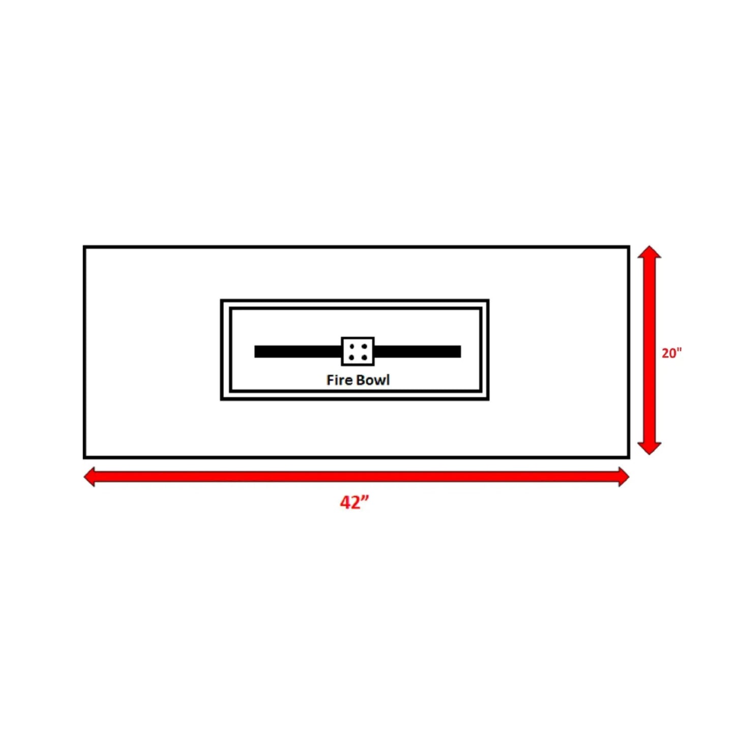 Reinforced propane outdoor fire pit table schematic showing 42in wide by 20in with fire bowl on Tampa Home & Garden Store