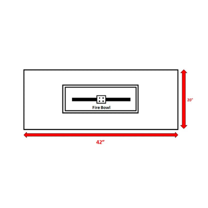 Reinforced propane outdoor fire pit table schematic showing 42in wide by 20in with fire bowl on Tampa Home & Garden Store