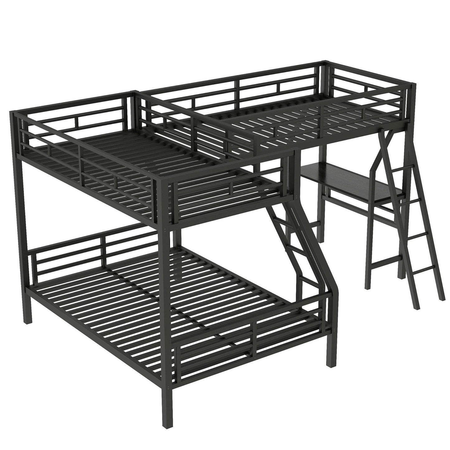 Black metal twin over full bunk bed with loft and desk, HouseOfZazla, 3-sleeper L-shaped design on Tampa Home & Garden Store