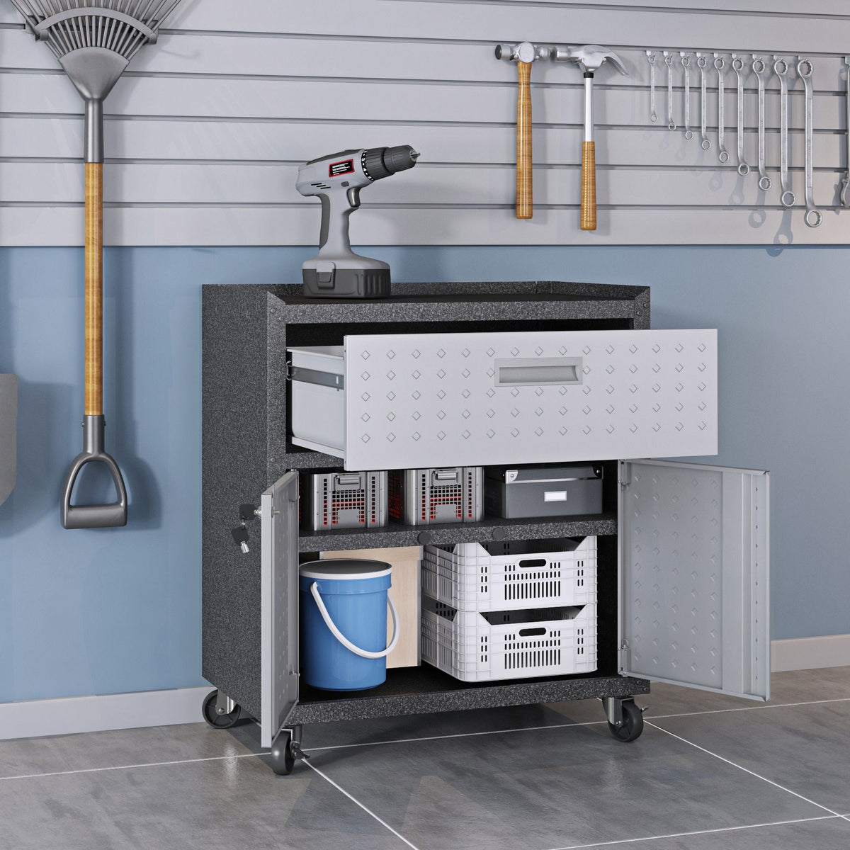 Mobile garage cabinet with locking system in gray, white and dark gray on casters by HouseOfZazla on Tampa Home & Garden Store