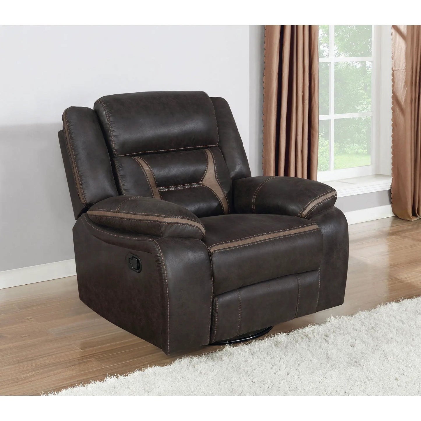 Brazelton Swivel Glider Recliner dark brown leather with tan stitching and side lever on Tampa Home & Garden Store