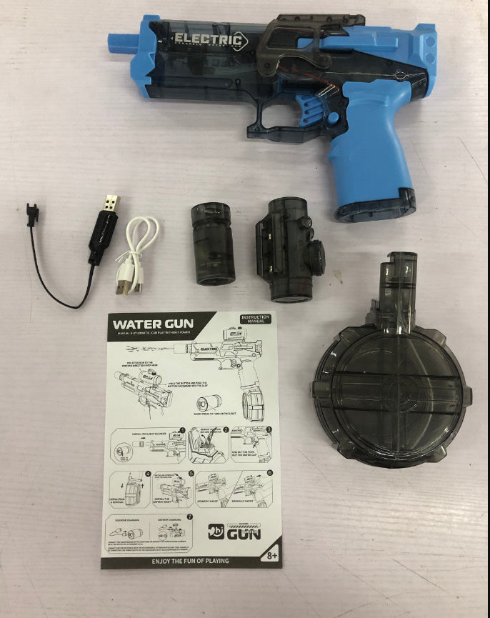 Electric blue water gun with black translucent body and USB charger includes extra tanks on Tampa Home & Garden Store