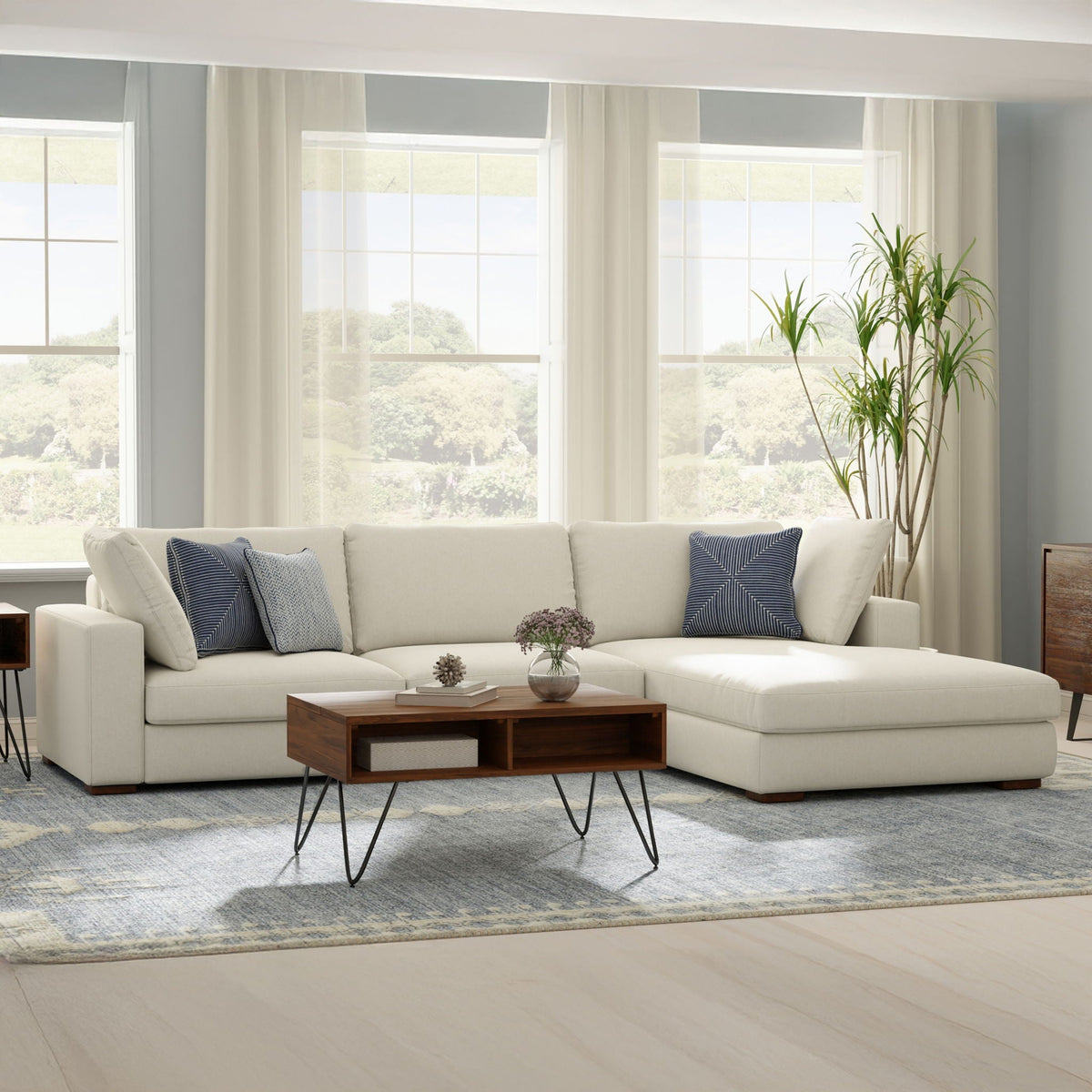 Charlie upholstered deep seater sectional sofa cream fabric with metal legs on Tampa Home & Garden Store