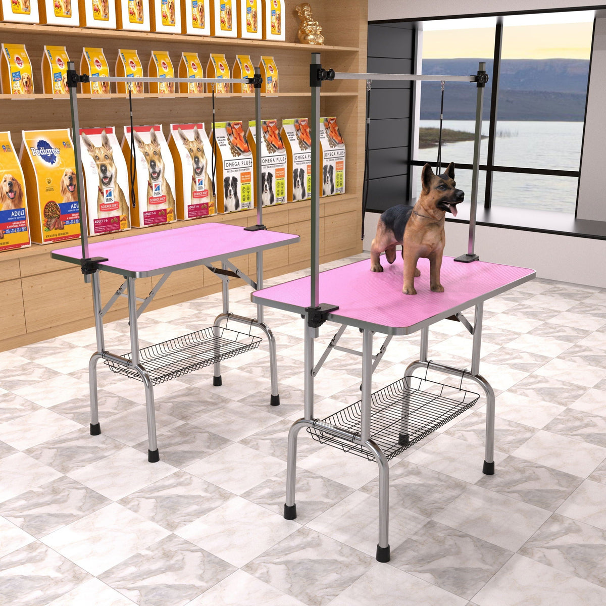 Pair of folding dog grooming tables with stainless steel frames and pink mats; adjustable arms on Tampa Home & Garden Store