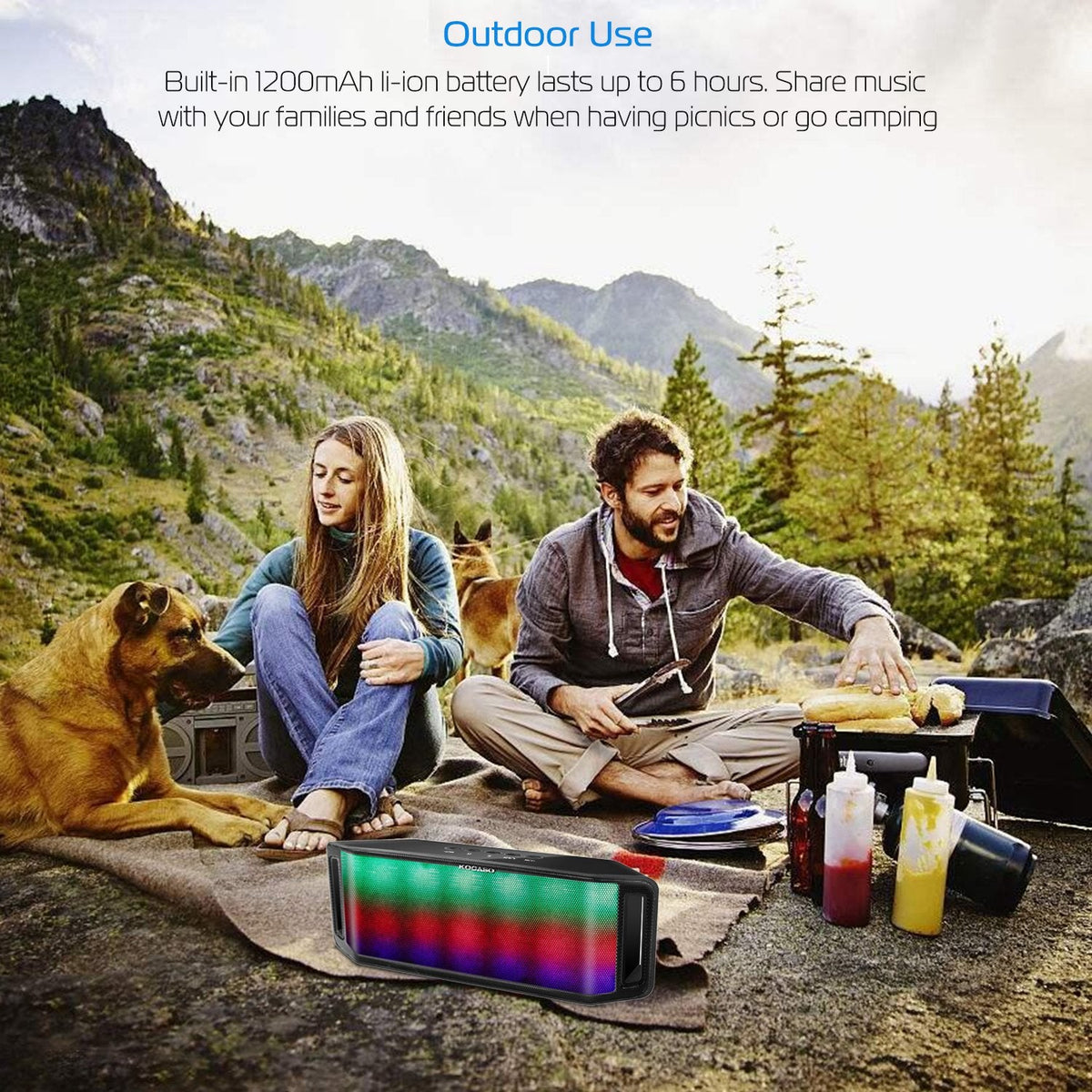 KOCASO LED wireless speaker with multicolor lights at a campsite picnic on Tampa Home & Garden Store