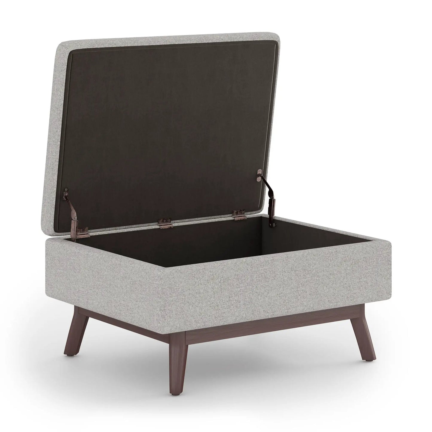 Owen Upholstered Storage Ottoman in light gray fabric with dark brown lid and wooden legs on Tampa Home & Garden Store