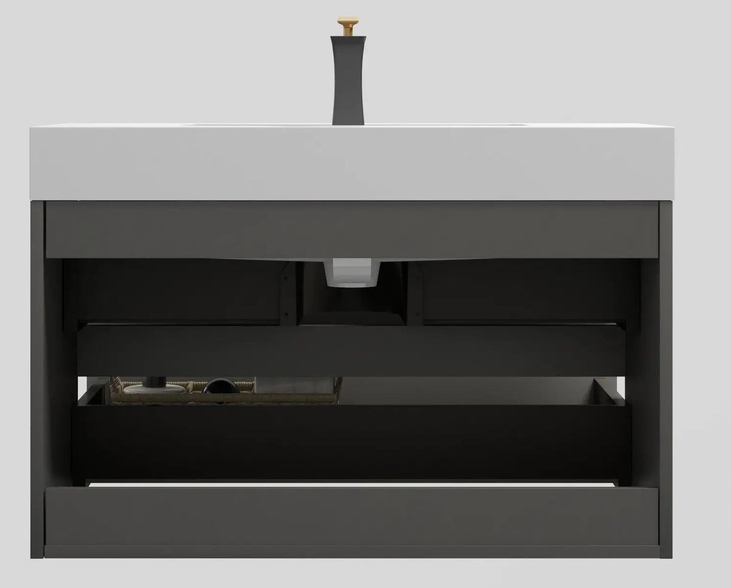 Alice wall-mounted bathroom vanity with white sink and dark gray storage drawers on Tampa Home & Garden Store